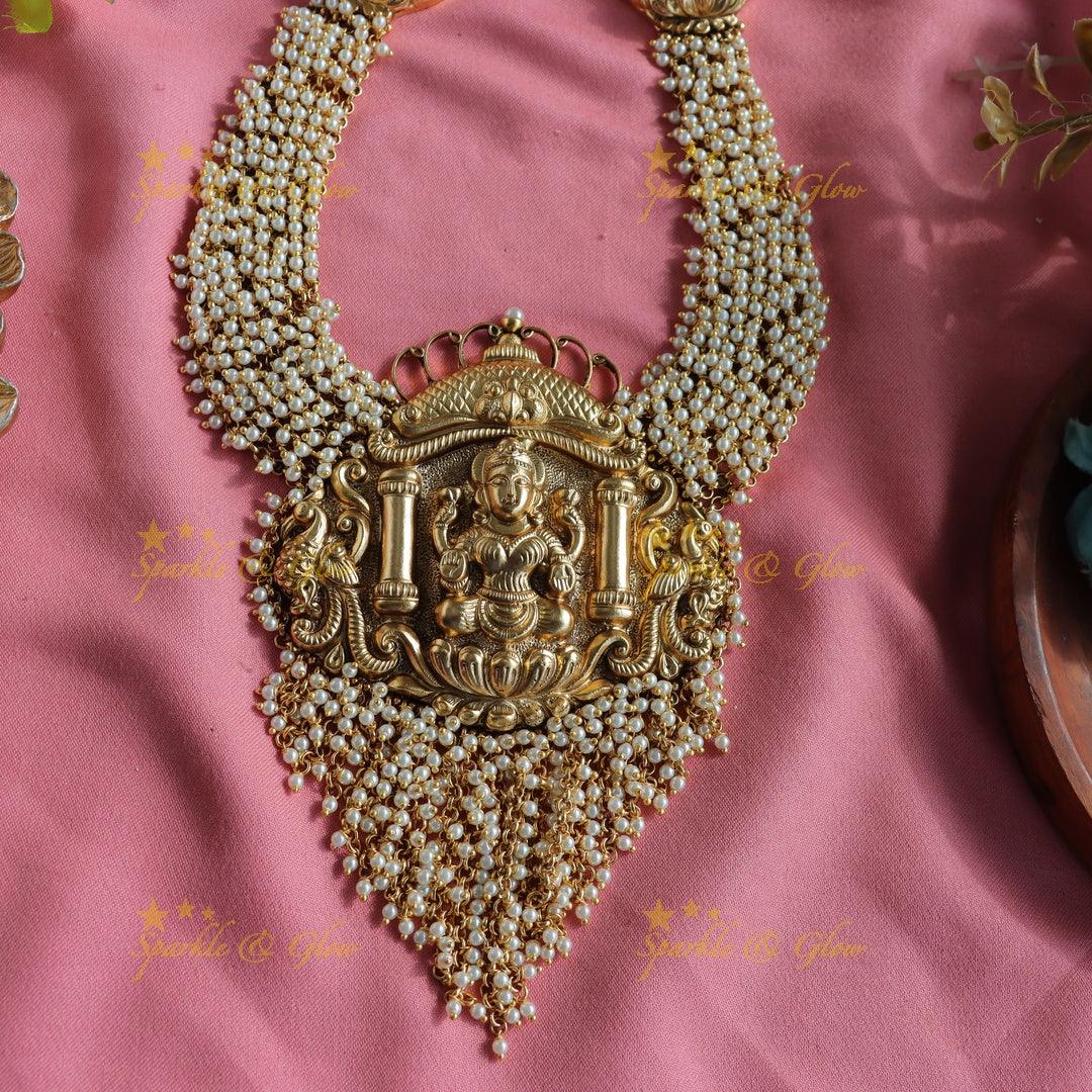 Gorgeous Lakshmi peacock carved cluster pearl long necklace - Sparkle and Glow