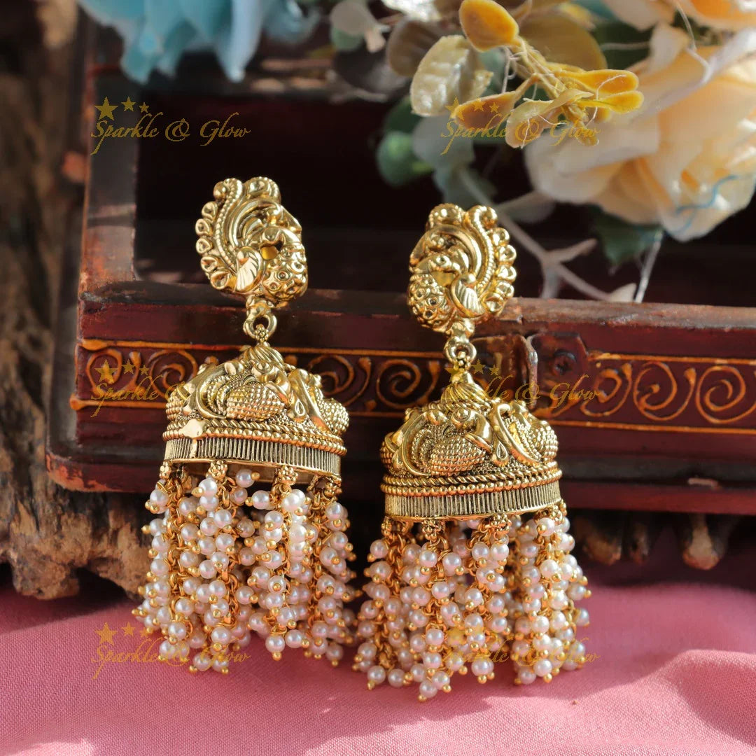 Gorgeous Lakshmi peacock carved cluster pearl long necklace - Sparkle and Glow