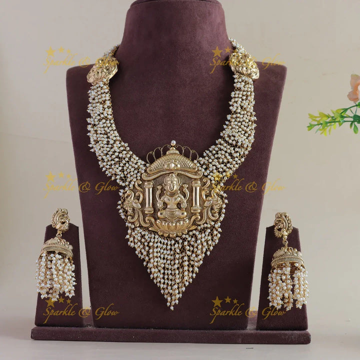 Gorgeous Lakshmi peacock carved cluster pearl long necklace - Sparkle and Glow