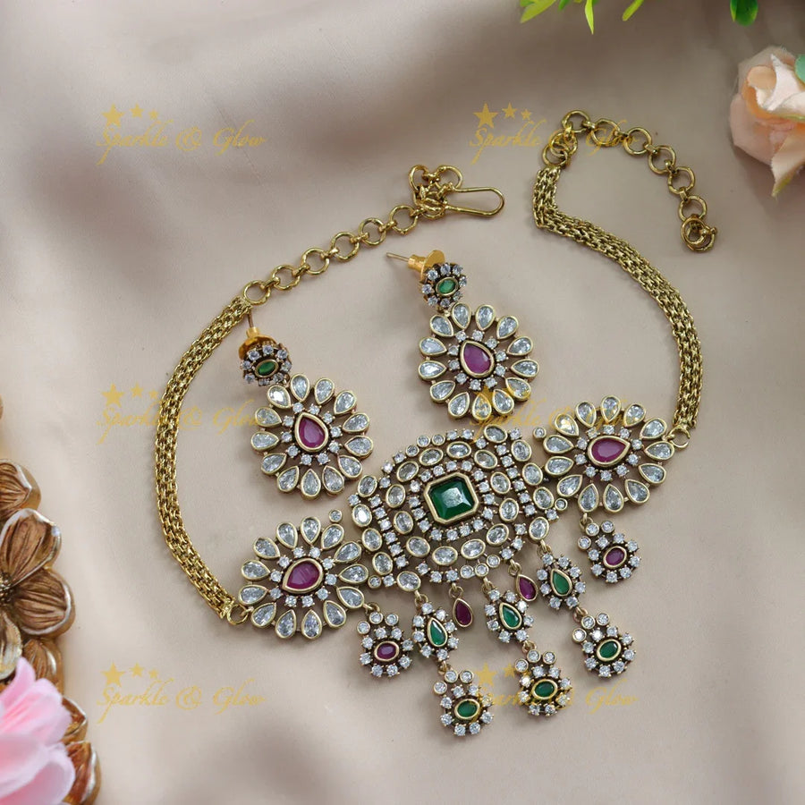 Stunning Floral design victorian choker with ruby and emerald stones - Sparkle and Glow