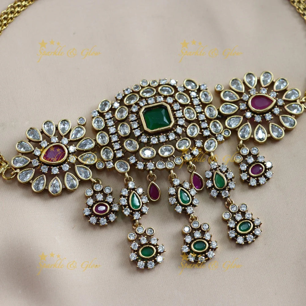 Stunning Floral design victorian choker with ruby and emerald stones - Sparkle and Glow