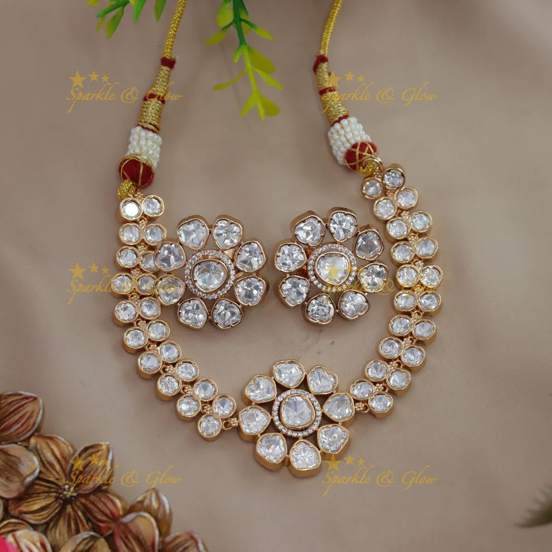 Grand Floral pendant Victorian AD dot design kundan short necklace - Sparkle and Glow
