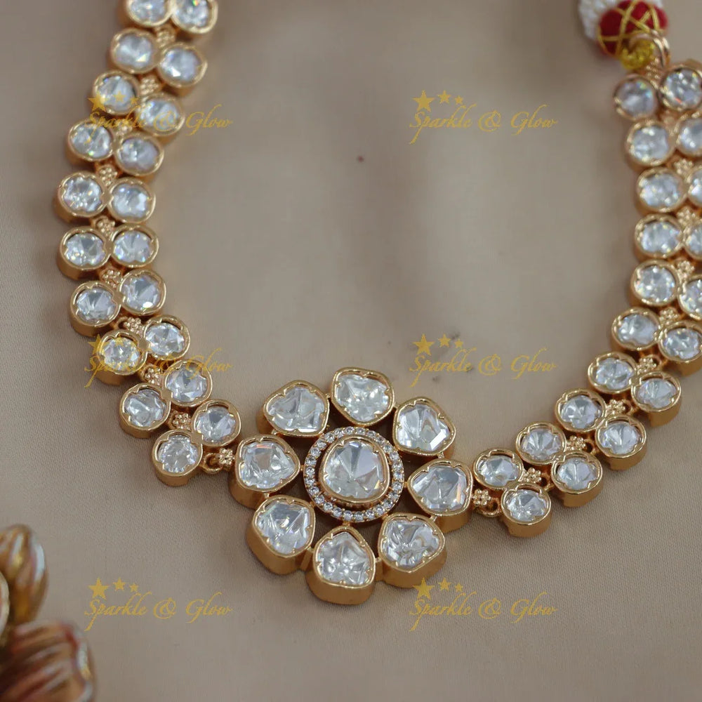 Grand Floral pendant Victorian AD dot design kundan short necklace - Sparkle and Glow