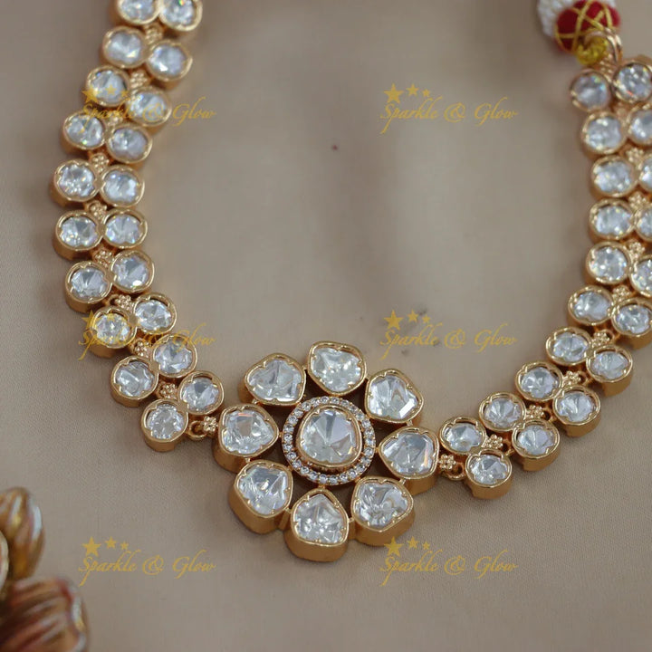 Grand Floral pendant Victorian AD dot design kundan short necklace - Sparkle and Glow