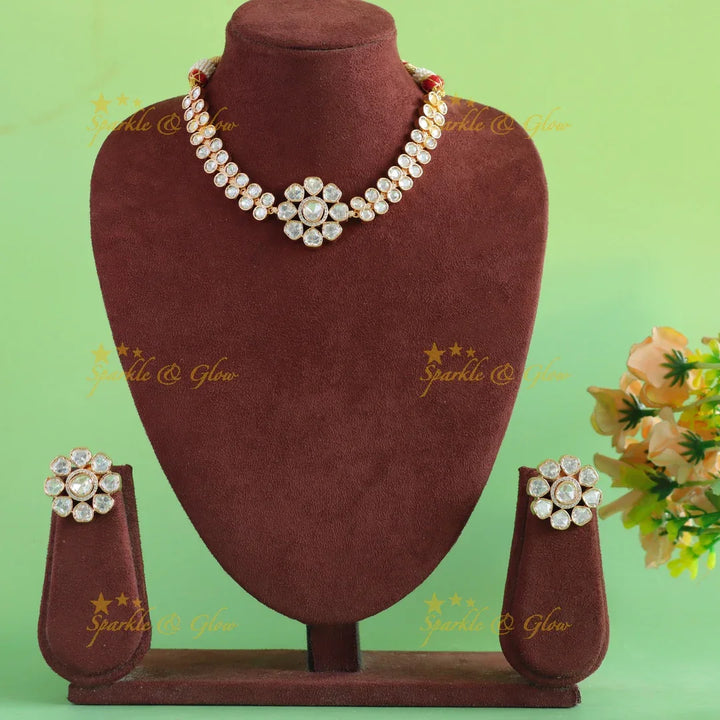 Grand Floral pendant Victorian AD dot design kundan short necklace - Sparkle and Glow
