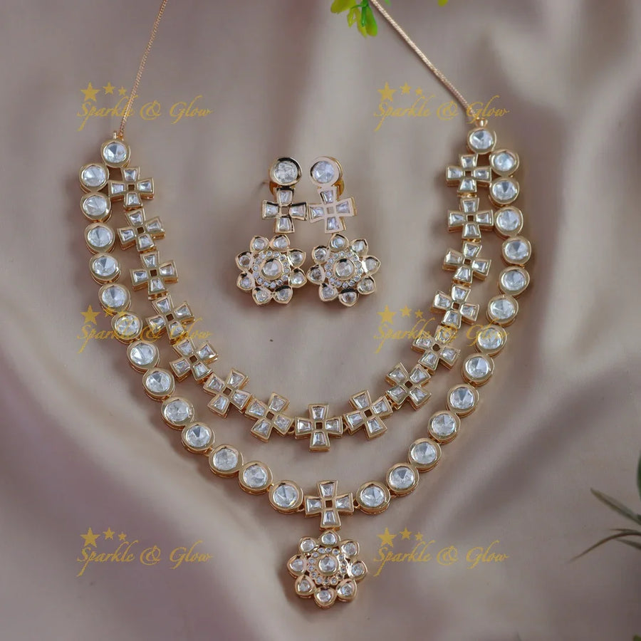 Beaitiful Floral pendant Victorian AD plus and dot design kundan layered necklace - Sparkle and Glow