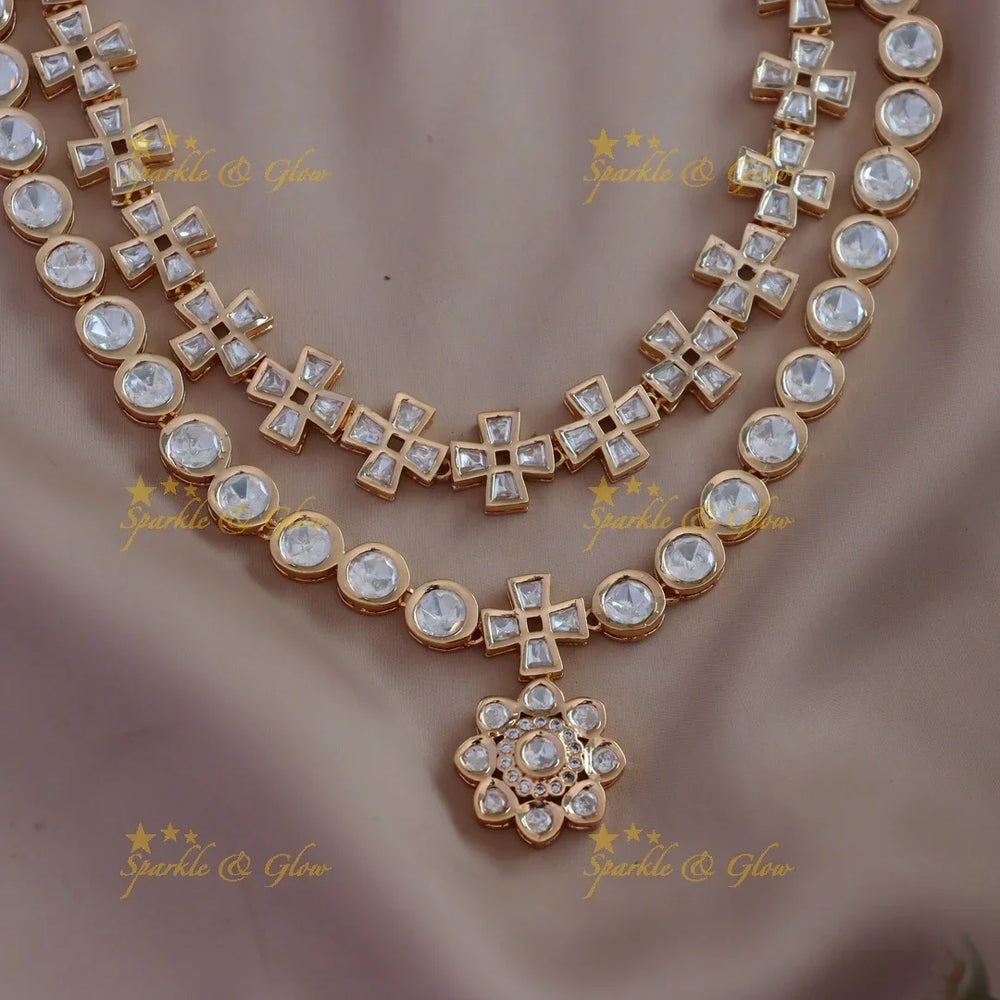 Beaitiful Floral pendant Victorian AD plus and dot design kundan layered necklace - Sparkle and Glow