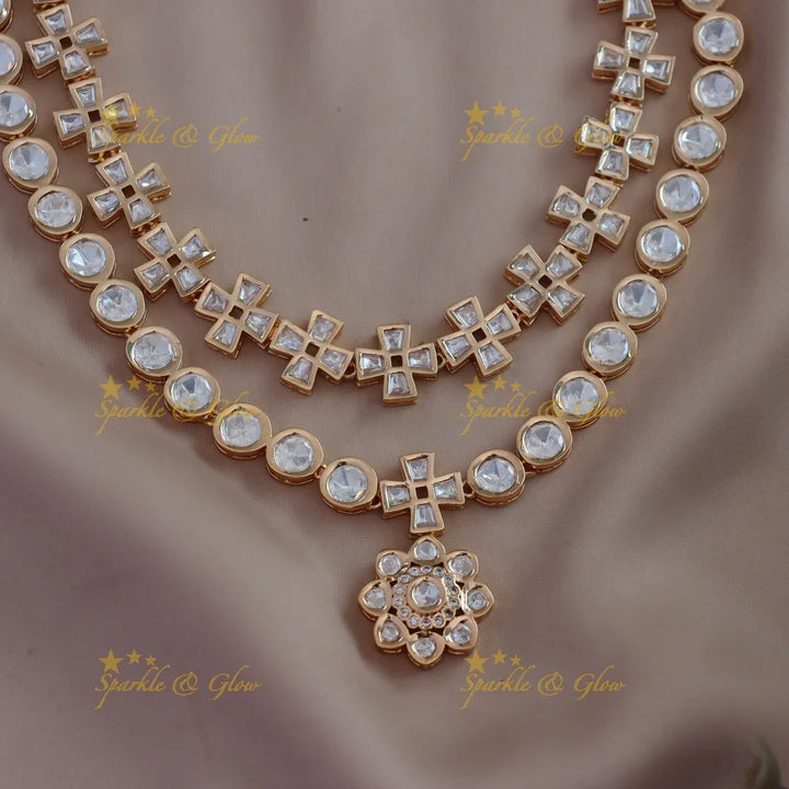 Beaitiful Floral pendant Victorian AD plus and dot design kundan layered necklace - Sparkle and Glow