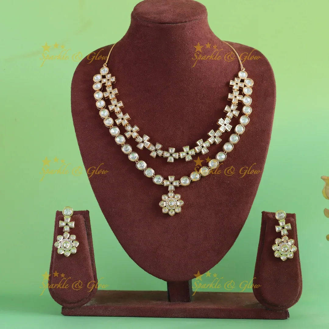 Beaitiful Floral pendant Victorian AD plus and dot design kundan layered necklace - Sparkle and Glow