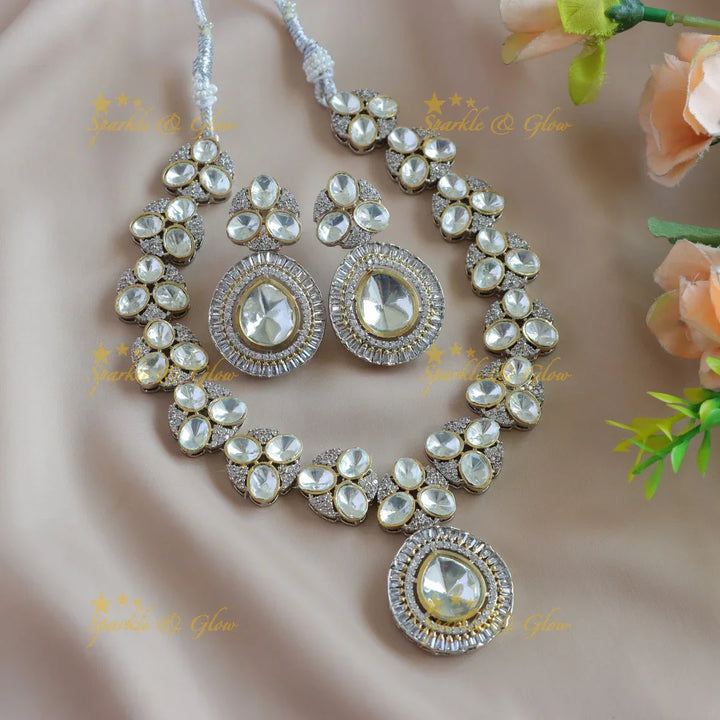 Elegant Leaf Floral design Victorian AD kundan short necklace - Sparkle and Glow