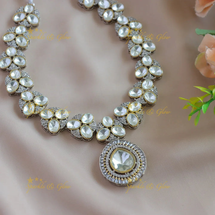 Elegant Leaf Floral design Victorian AD kundan short necklace - Sparkle and Glow