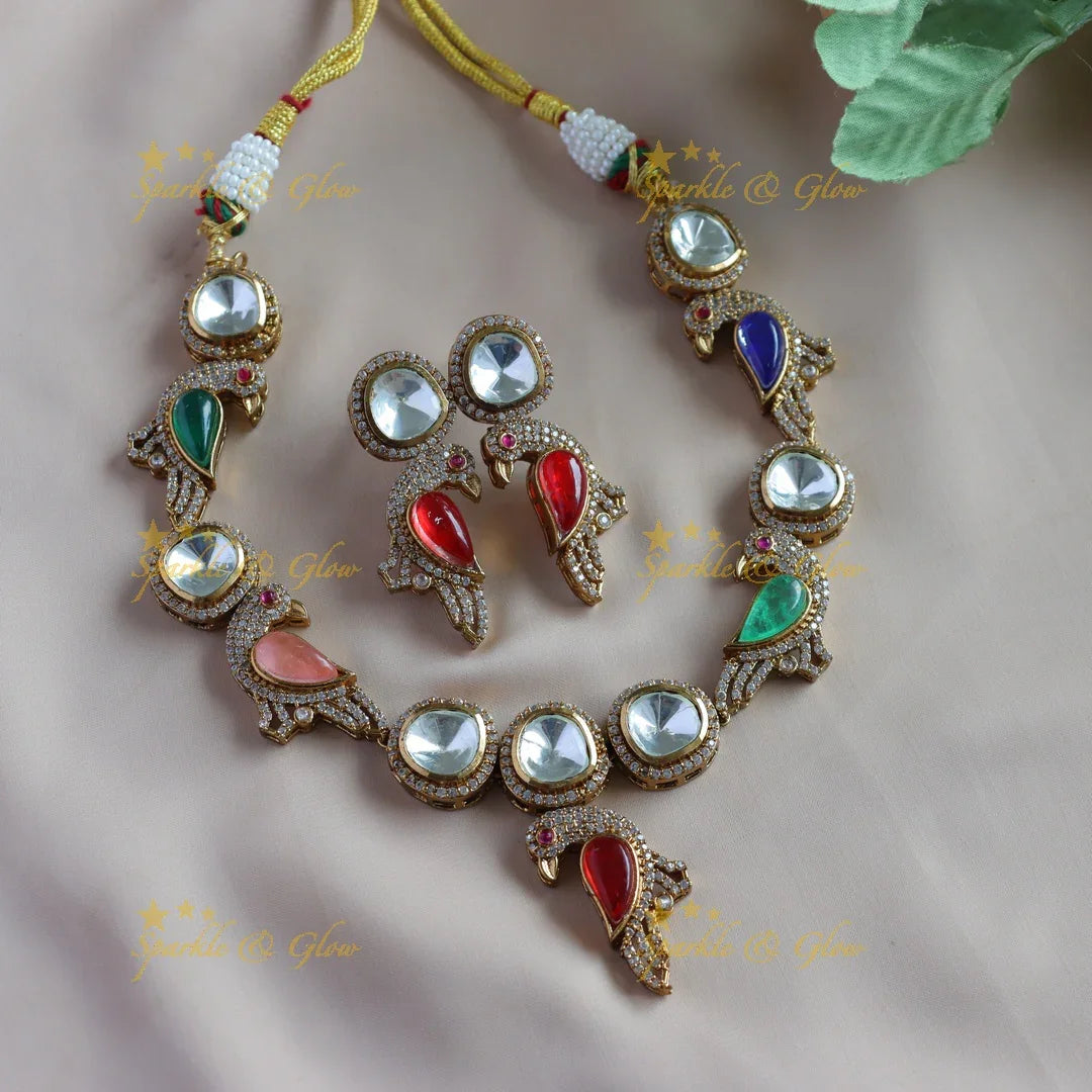 Intricately carved Bird design Victorian Ad kundan short necklace - Sparkle and Glow