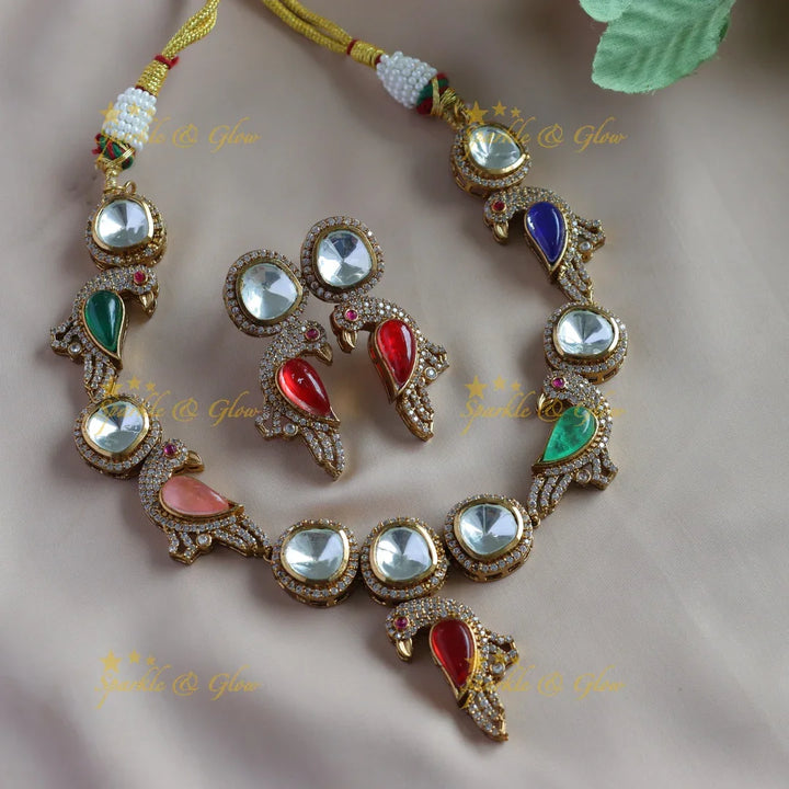 Intricately carved Bird design Victorian Ad kundan short necklace - Sparkle and Glow