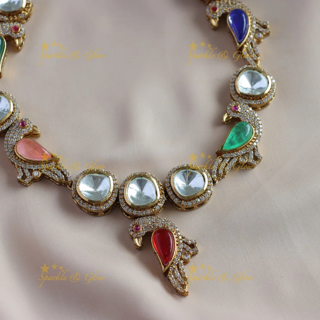 Intricately carved Bird design Victorian Ad kundan short necklace - Sparkle and Glow