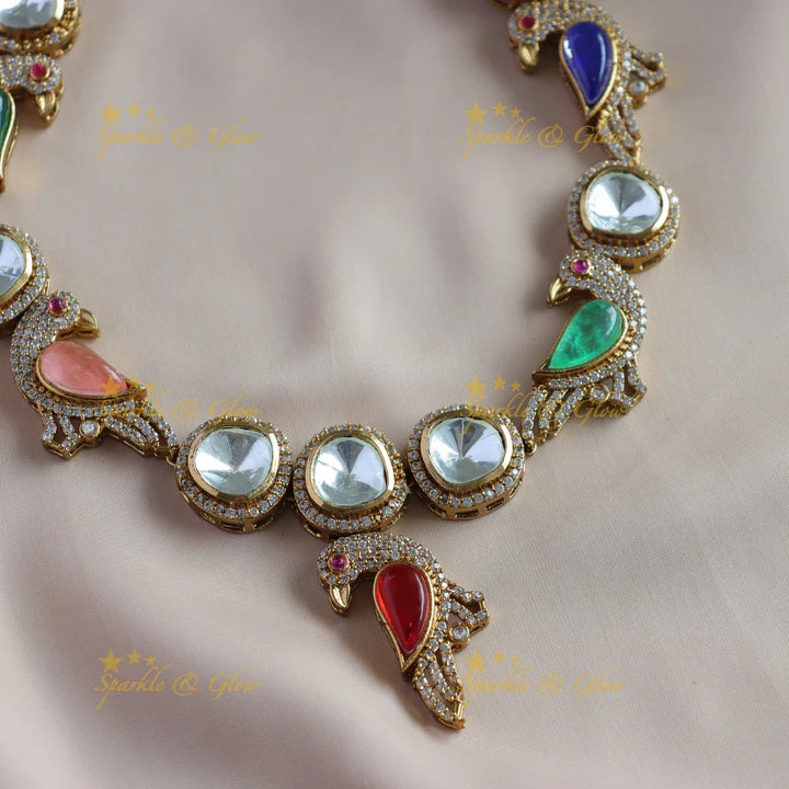 Intricately carved Bird design Victorian Ad kundan short necklace - Sparkle and Glow