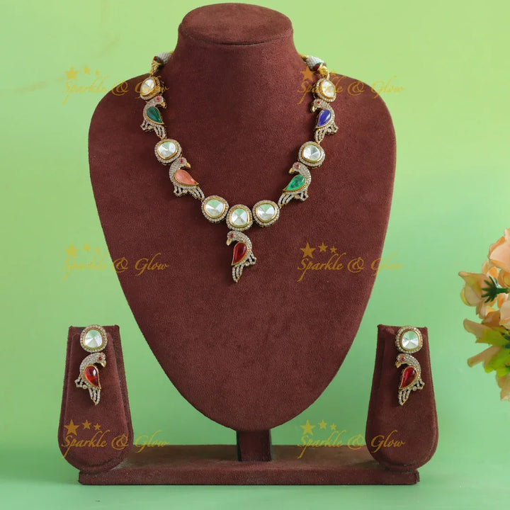 Intricately carved Bird design Victorian Ad kundan short necklace - Sparkle and Glow