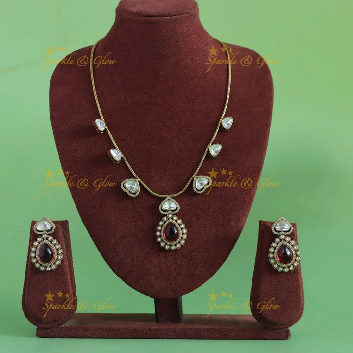 Gracious Kundan Heart design Victorian AD Floral pendant short necklace - Sparkle and Glow