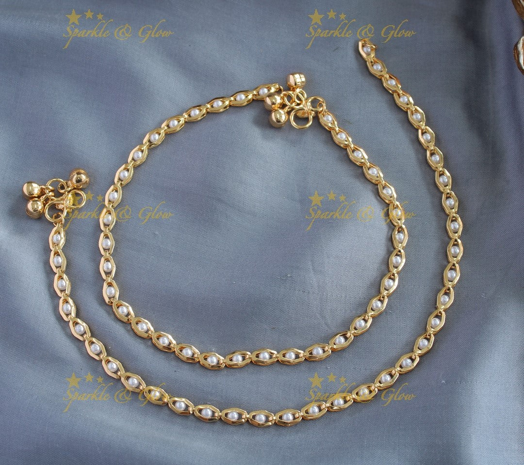 Sparkling Pearl Oval design gold alike anklet