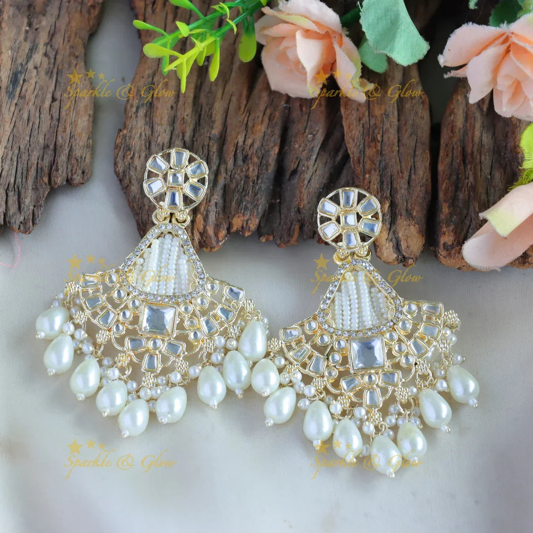 Elegant Floral kundan stone Earrings with pearl drops - Sparkle and Glow