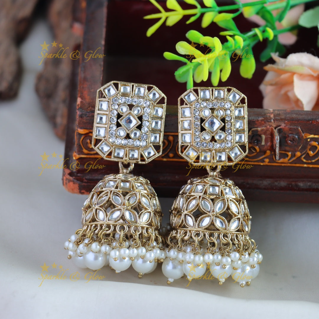 Stunning Floral design kundan stone Jhumukas with pearl drops