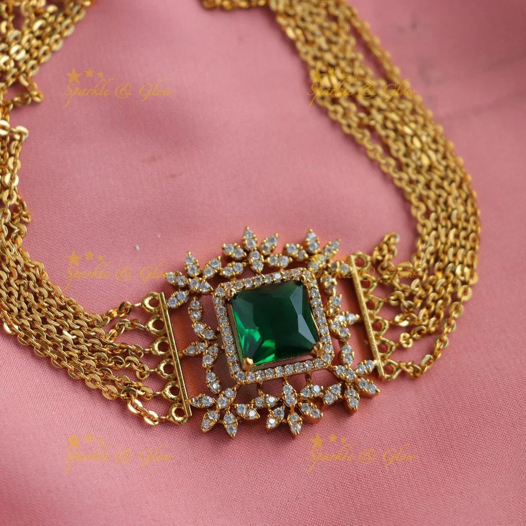 Statement Floral square stone pendant choker set with finger ring - green - Sparkle and Glow