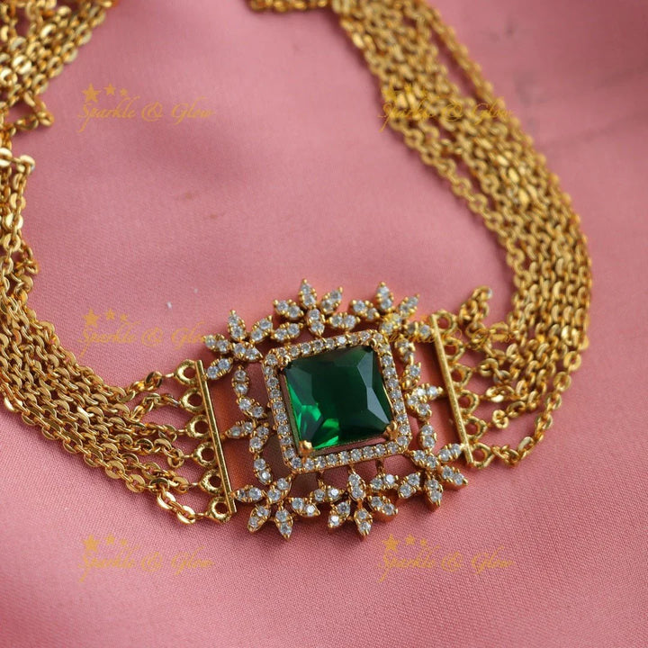 Statement Floral square stone pendant choker set with finger ring - green - Sparkle and Glow