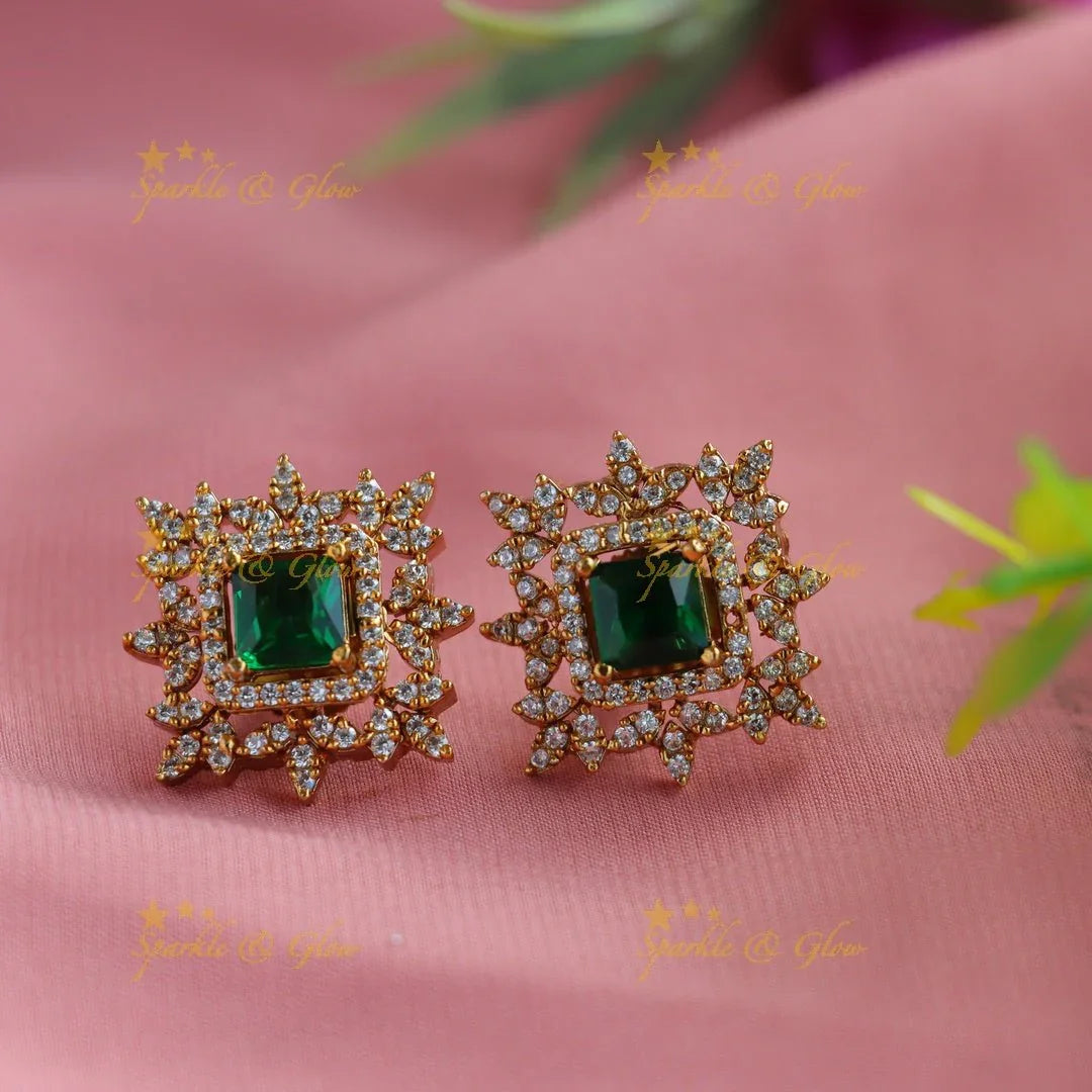 Statement Floral square stone pendant choker set with finger ring - green - Sparkle and Glow