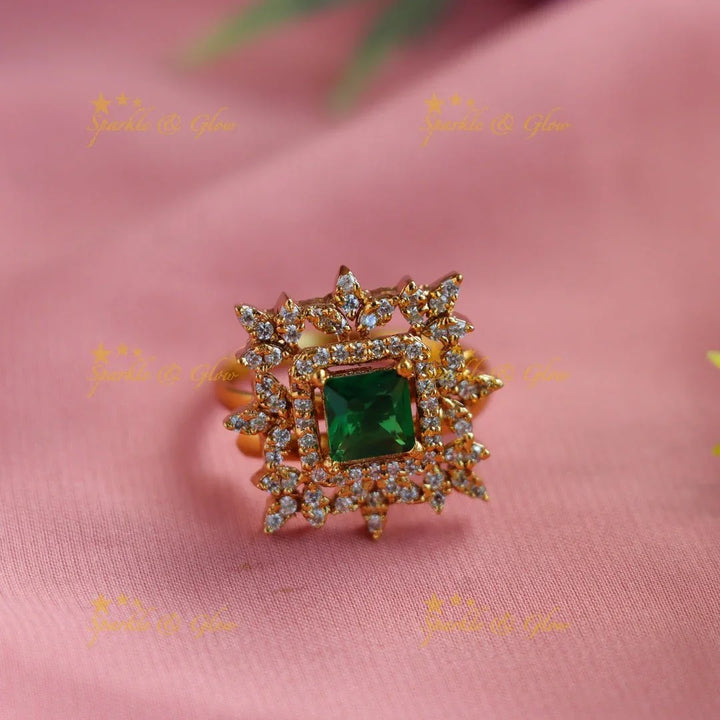 Statement Floral square stone pendant choker set with finger ring - green - Sparkle and Glow
