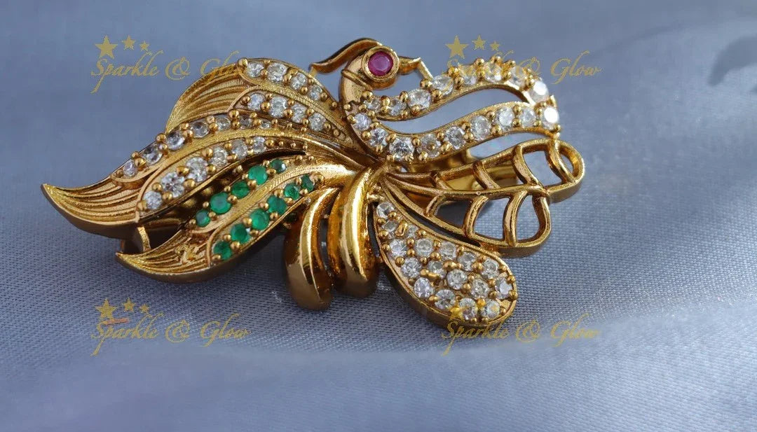 Sparkling Peacock Leaf Saree Pin Design