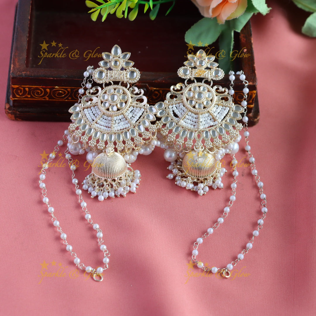 Gorgeous Floral design kundan stone Jhumukas with pearl drops with earchain