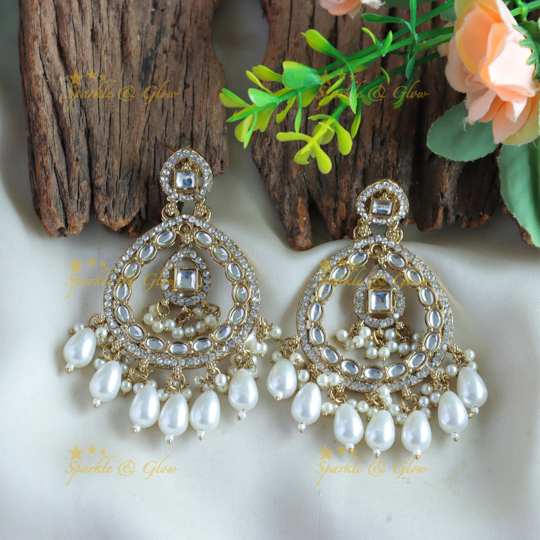 Sparkling kundan stone Balis with pearl drops
