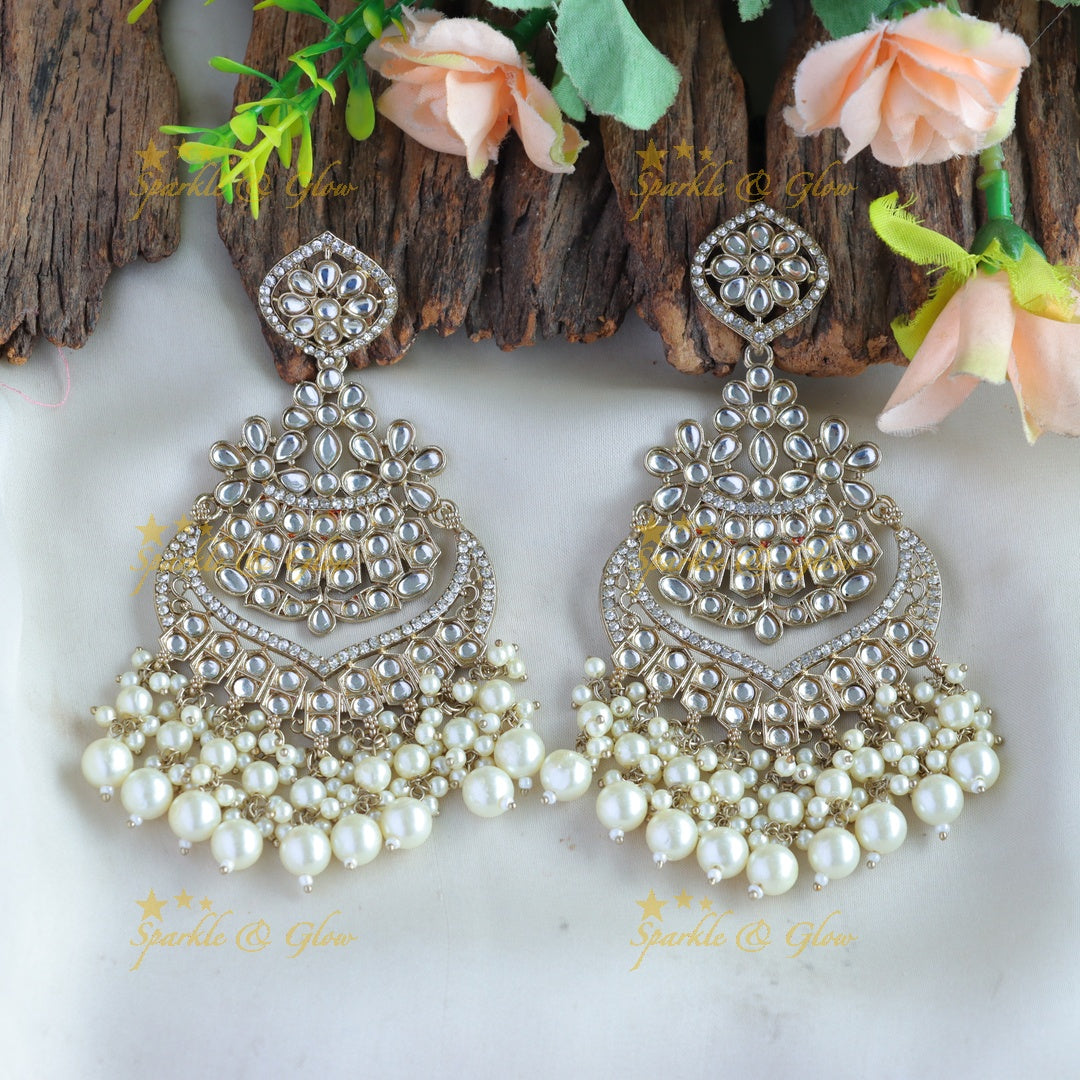 Elegant Floral Leaf design kundan stone Balis with pearl drops