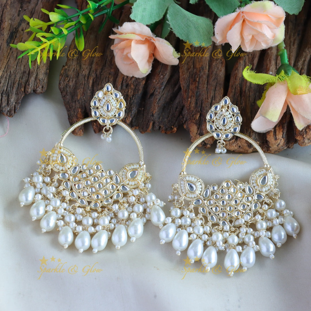 Gorgeous Floral leaf design kundan stone chandbalis with pearl drops