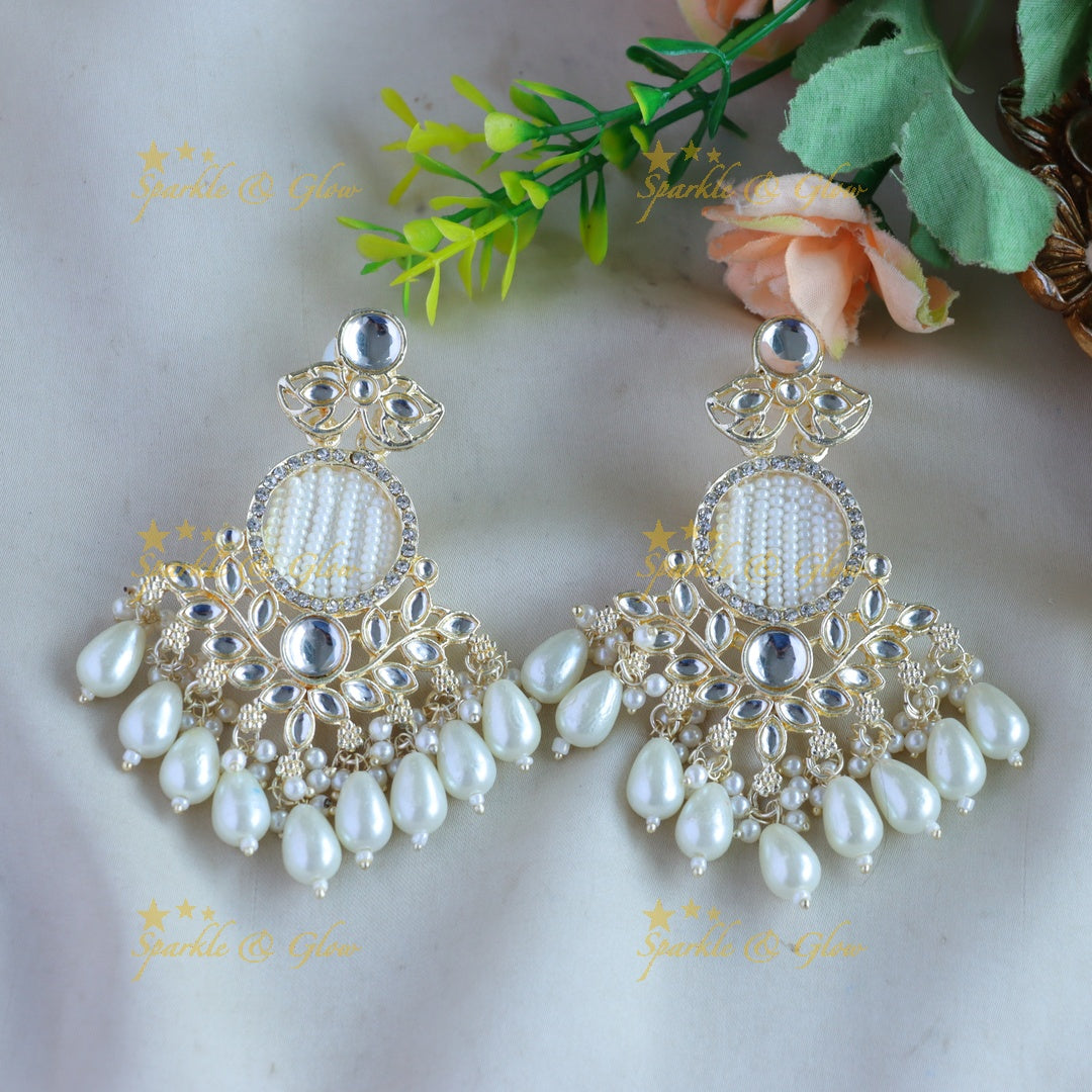 Elegant Floral leaf design kundan stone Balis with pearl drops