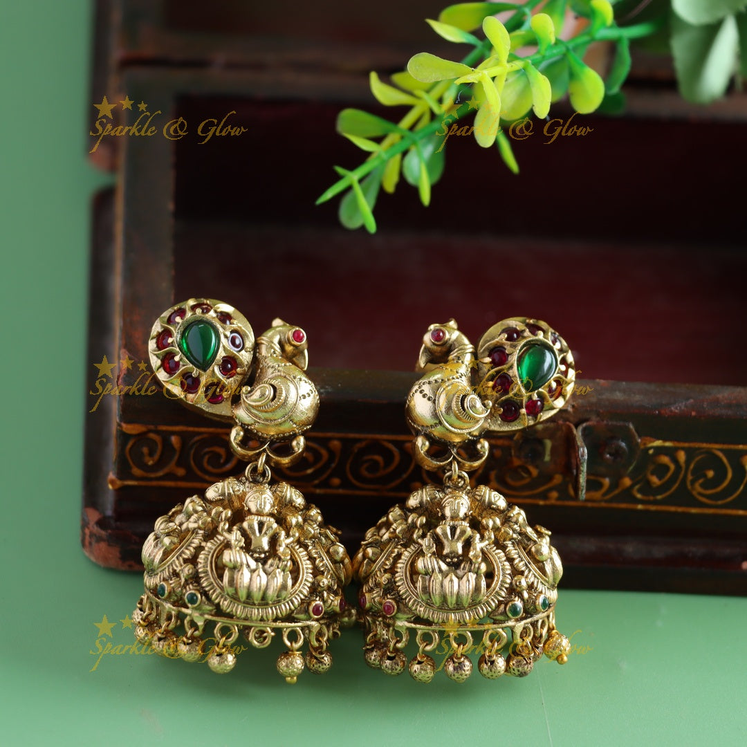 Elegant Kemp peacock Lakshmi jhumukas with gold beads