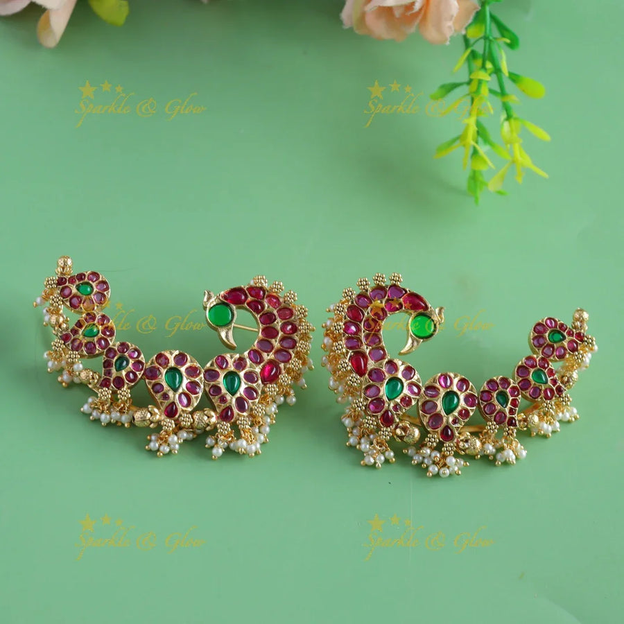 Elegant Kemp Peacock Mango Earcuff with pearls - Sparkle and Glow