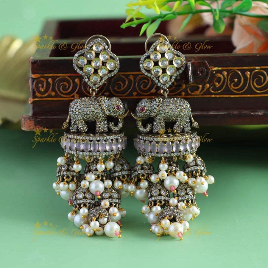 Grand Floral Elephant carved Victorian AD Earrings with hanging jhumukas - Sparkle and Glow