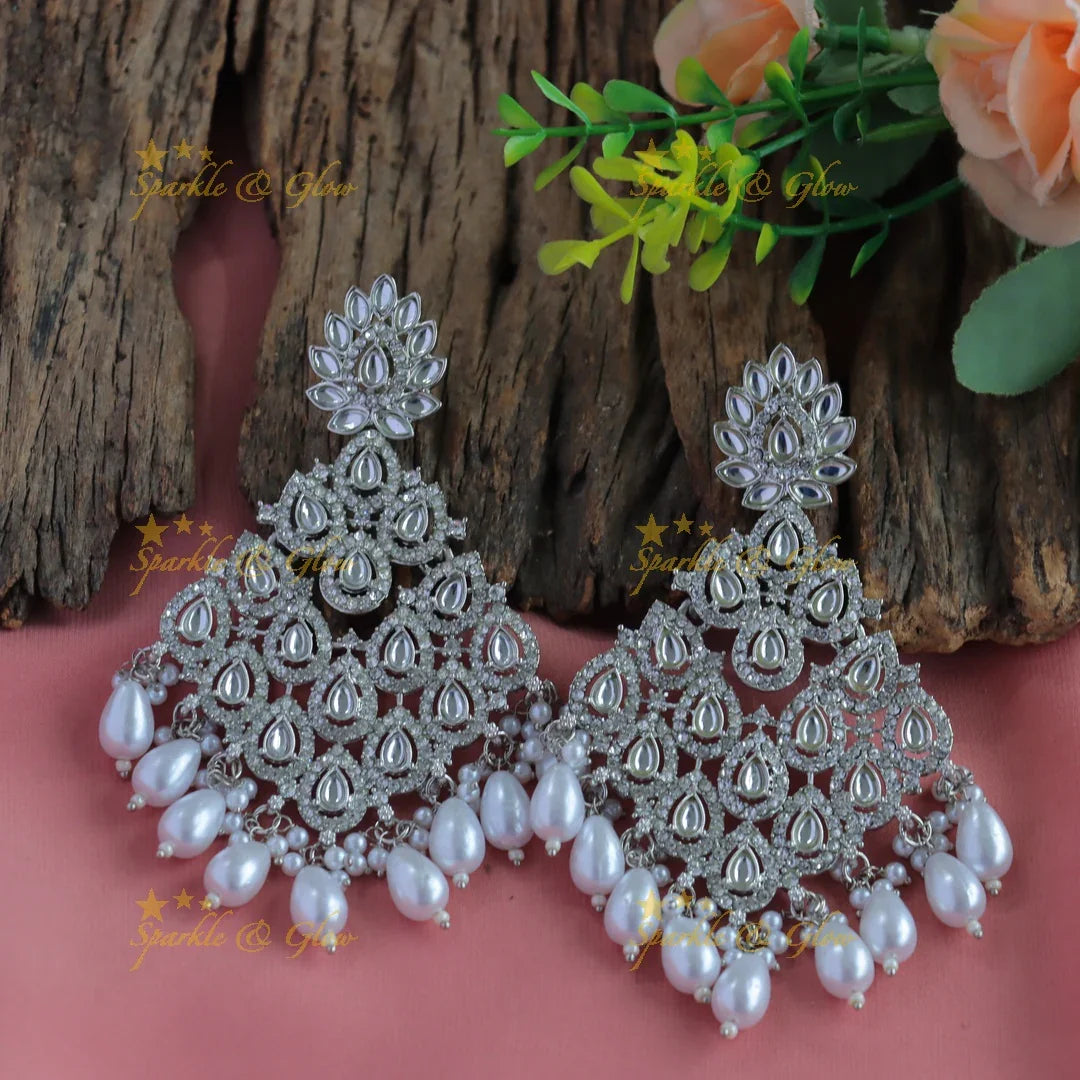 Elegant Rain drop design victorian kundan stone Balis with pearl drops - Sparkle and Glow
