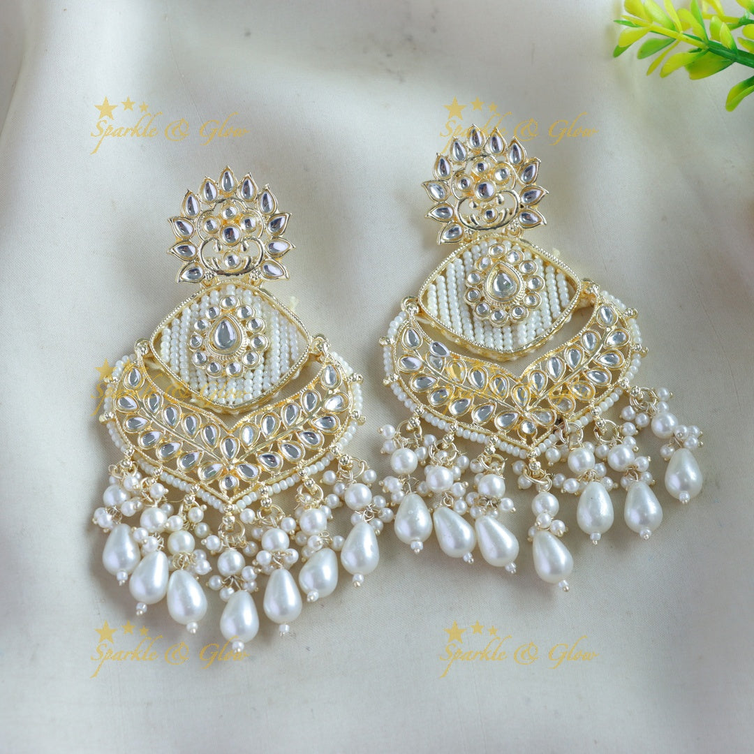 Stunning Floral leaf design kundan stone Balis with pearl drops