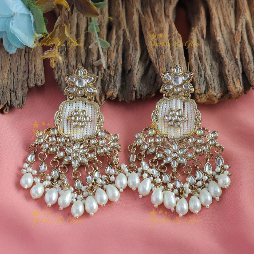 Statement Floral design kundan stone Balis with pearl drops