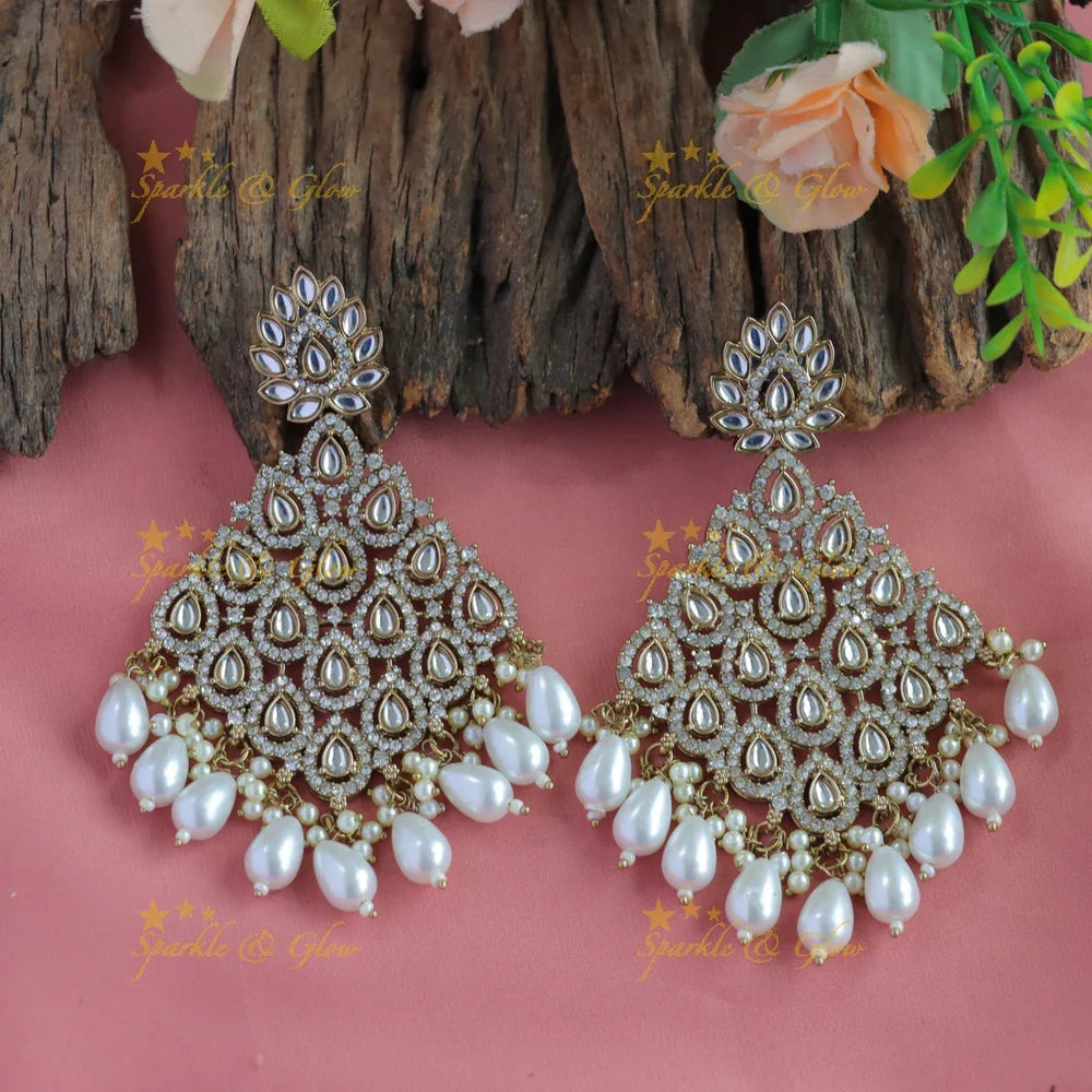 Elegant Rain drop design victorian kundan stone Balis with pearl drops - Sparkle and Glow