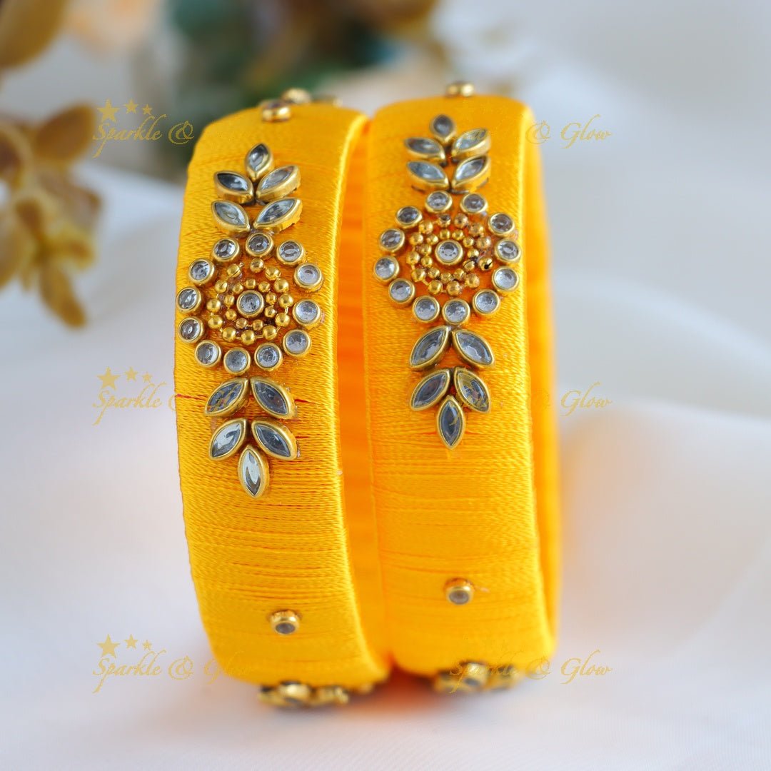 Stunning Flower and Leaf design Silk thread Bangles - Yellow - Sparkle and Glow - 1.10 -