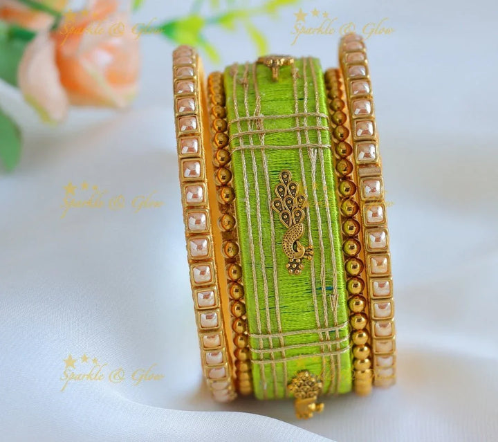 Stunning Peacock Kundan Work Silk thread Bangles-Light green - Sparkle and Glow