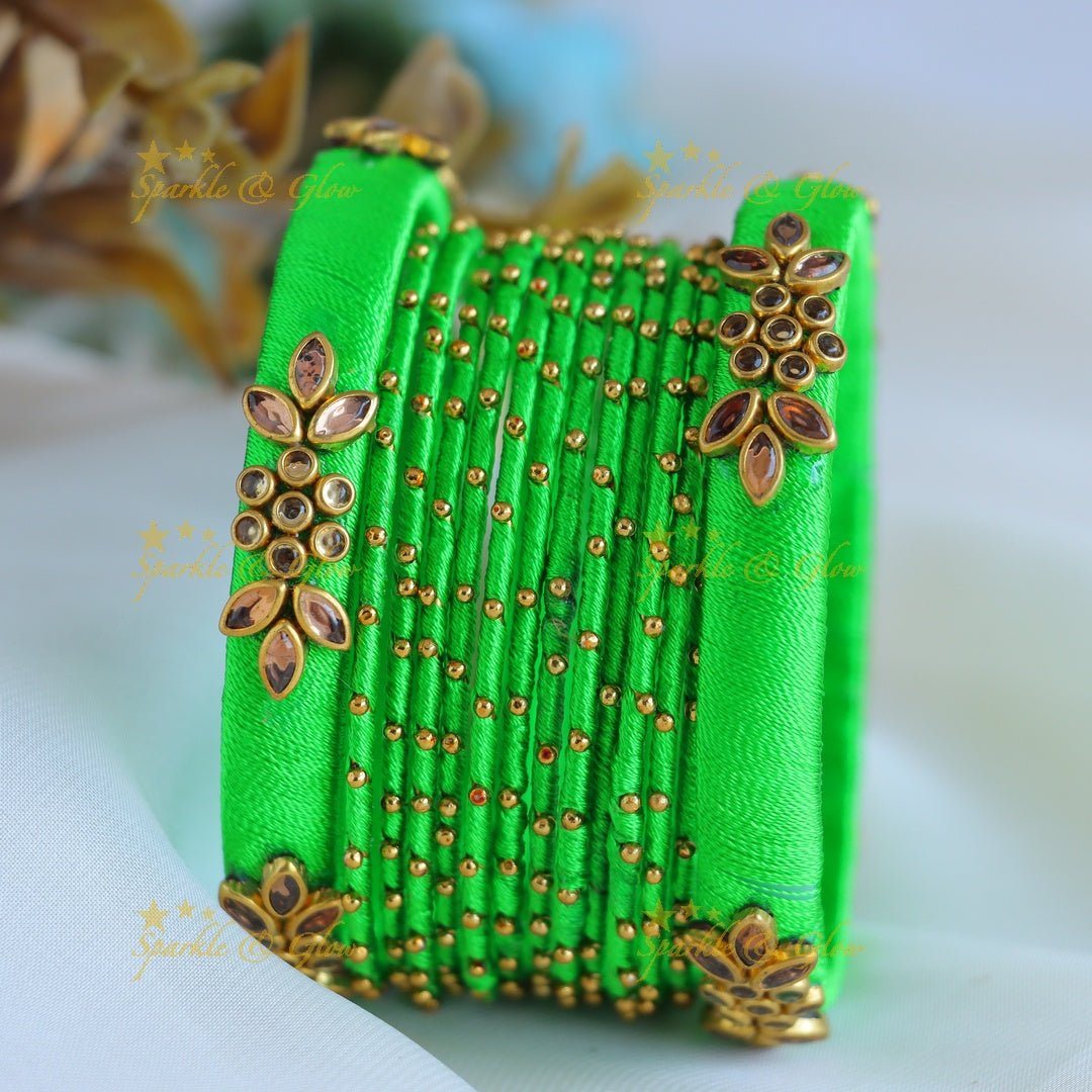 Beautiful Floral Kundan work Silk thread bridal Bangles - Light green - Sparkle and Glow - 1.10 -