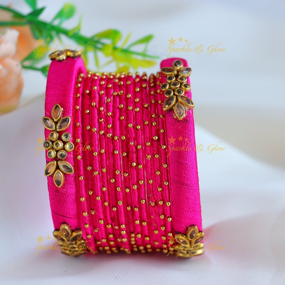 Beautiful Floral Kundan work Silk thread bridal Bangles - Dark pink - Sparkle and Glow - 1.10 -