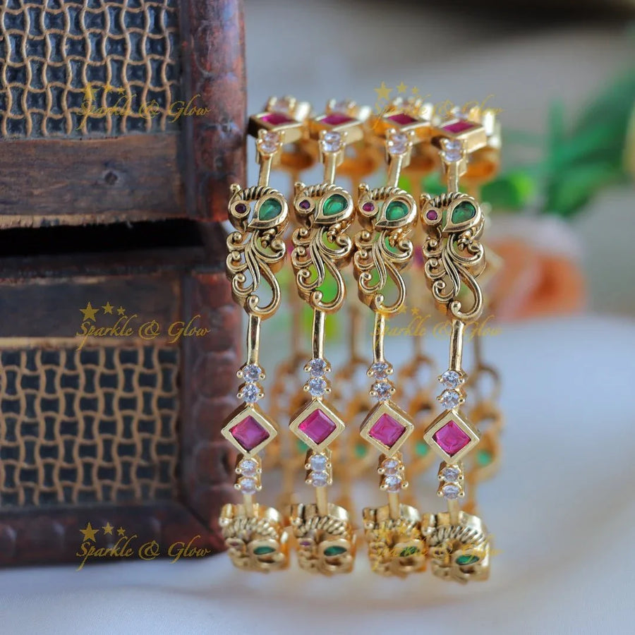 Elegant Peacock Floral Bangles with AD stones-2.6 - Sparkle and Glow