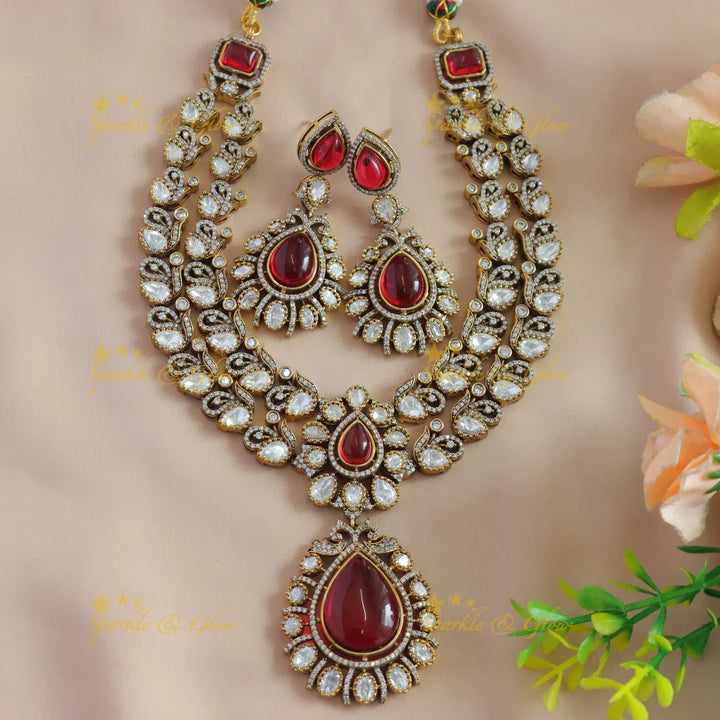 Beautiful Floral and water drop design two layer victorian AD short necklace with red stone - Sparkle and Glow