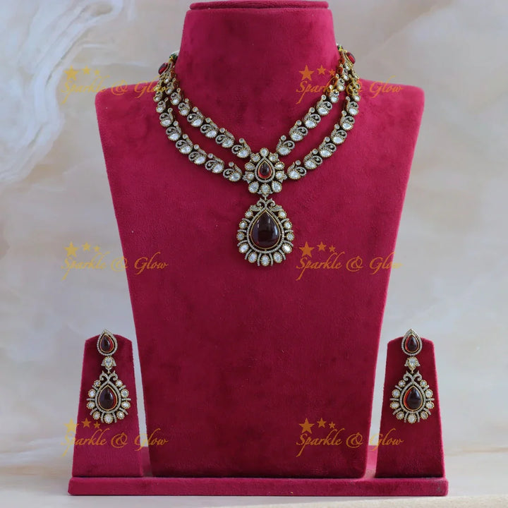 Beautiful Floral and water drop design two layer victorian AD short necklace with red stone - Sparkle and Glow