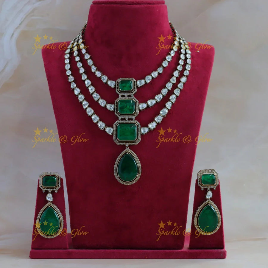 Gorgeous Rectangle and water drop stone three layer victorian AD haram with emeral - Sparkle and Glow