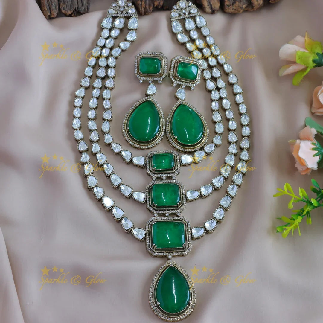 Gorgeous Rectangle and water drop stone three layer victorian AD haram with emeral - Sparkle and Glow